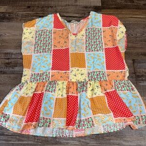 Haptics Patchwork Babydoll Top Small Boho Colorful Floral Tiered Peplum Blouse